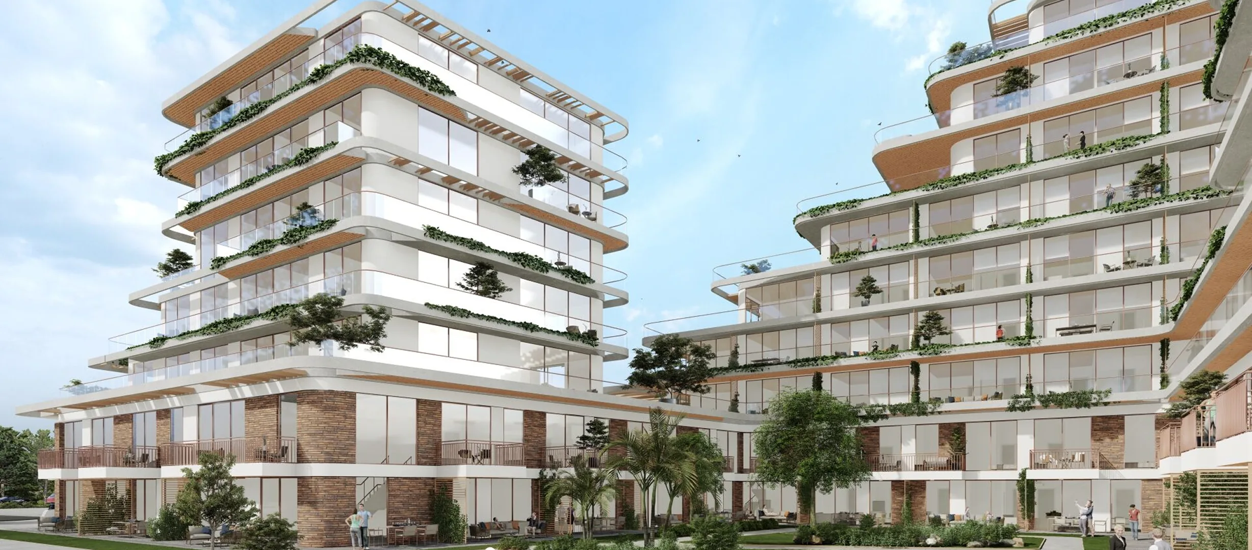 Modern mixed-use hospitality buildings with planted terraces