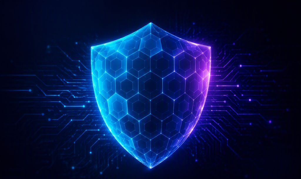 Glowing hexagonal shield mesh representing cybersecurity