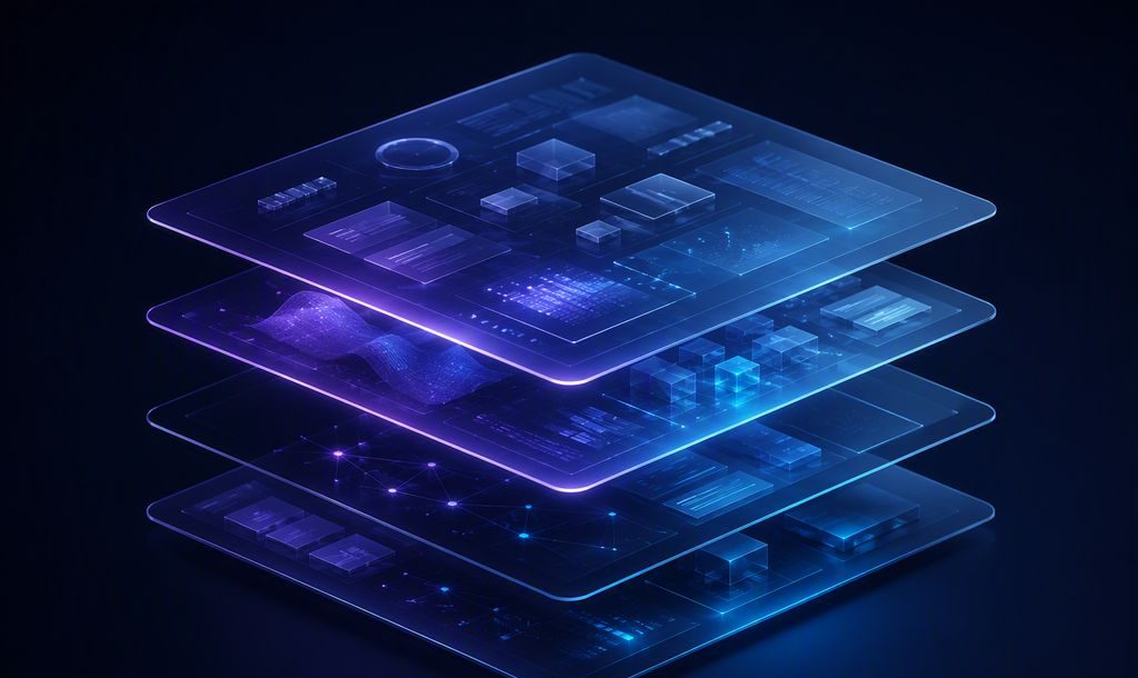 Floating glass interface panels representing enterprise platforms