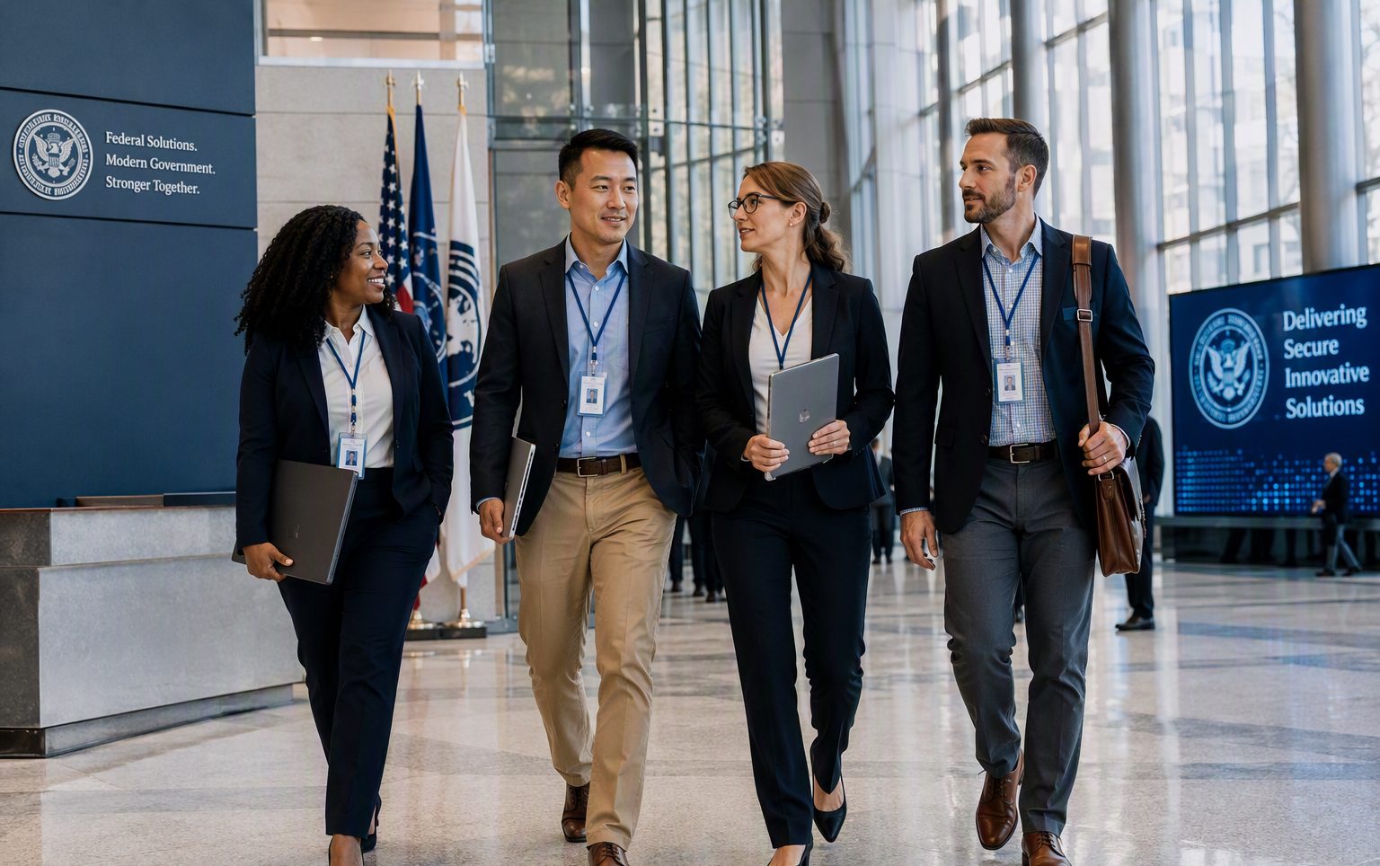 Federal technology professionals walking through a government building lobby