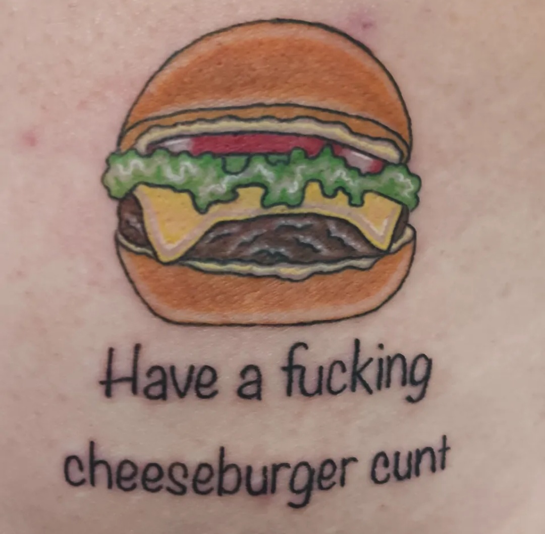 Cheeseburger tattoo with lettering by Ramona at Lady Ink