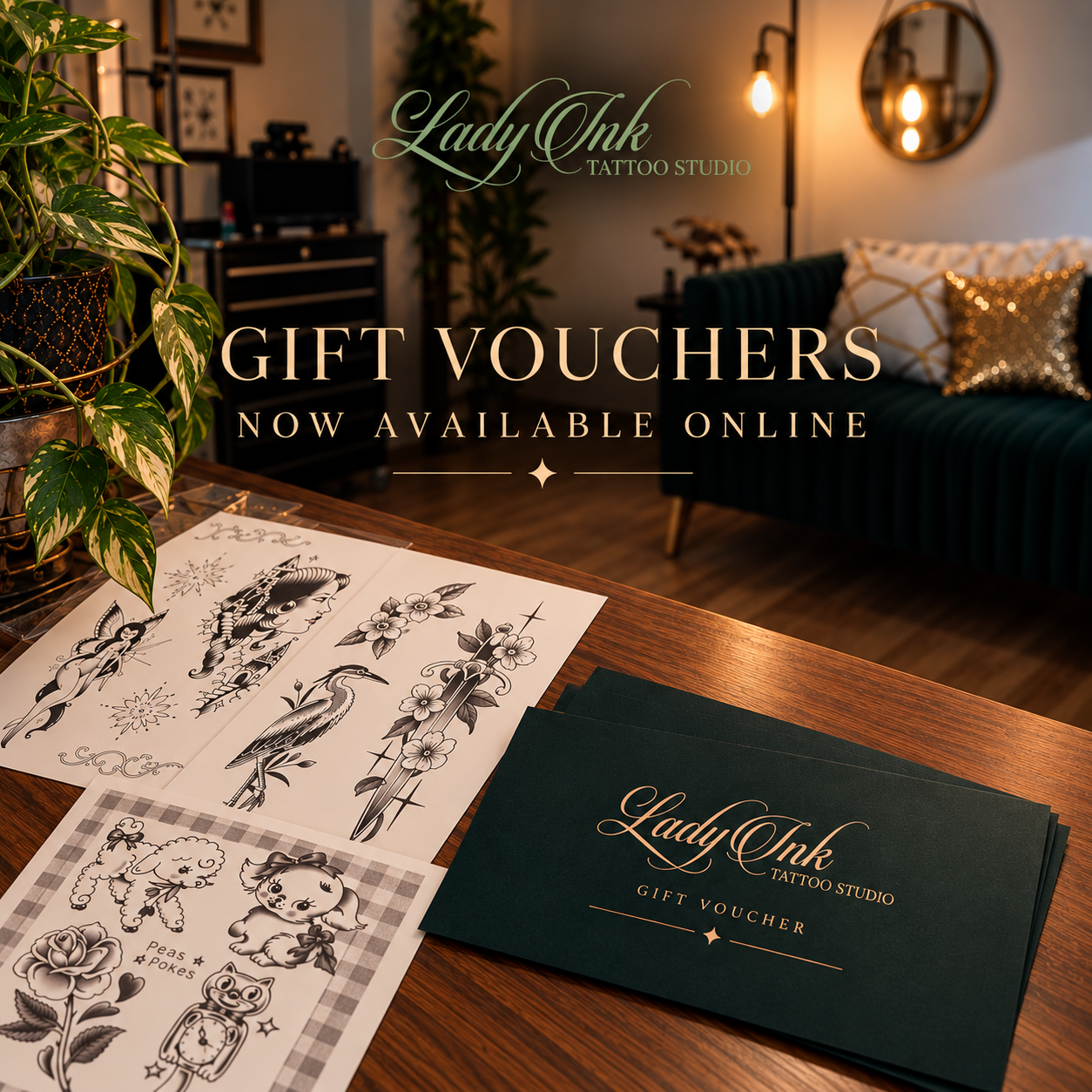 Lady Ink gift vouchers now available online, displayed with tattoo artwork in the studio