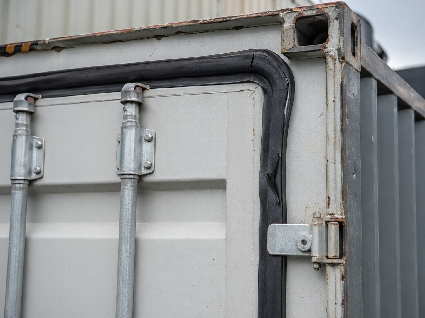 Close-up of a gray industrial container door corner with metal hinges and a black rubber seal showing a tear.