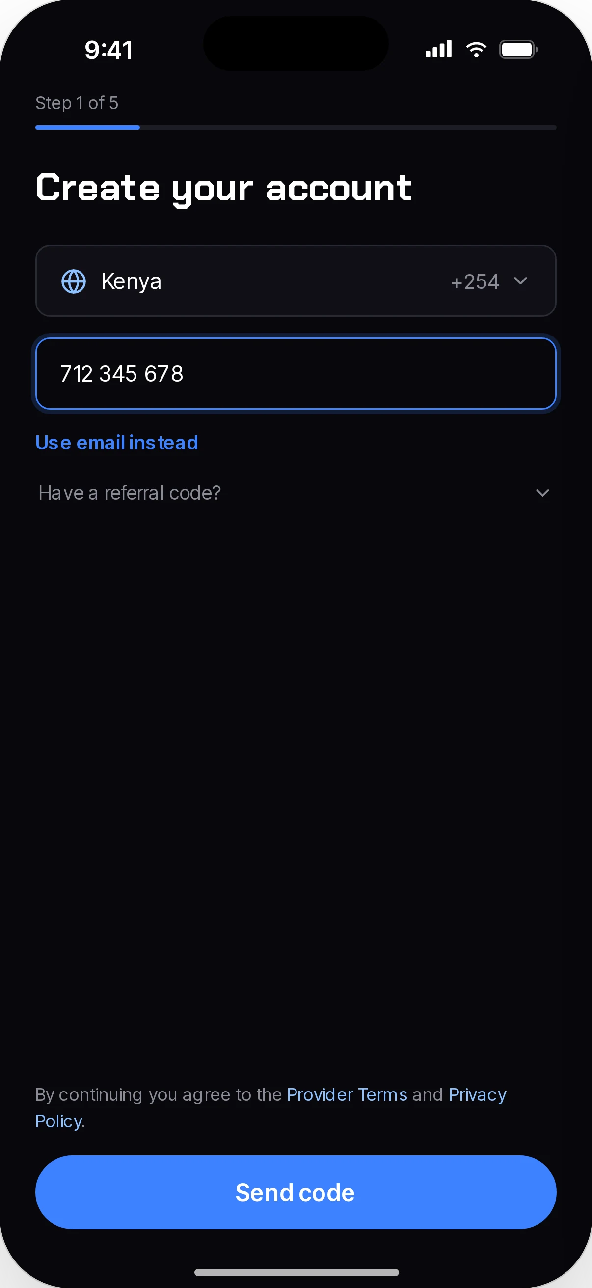 Provider app sign-up: create your account with a phone number