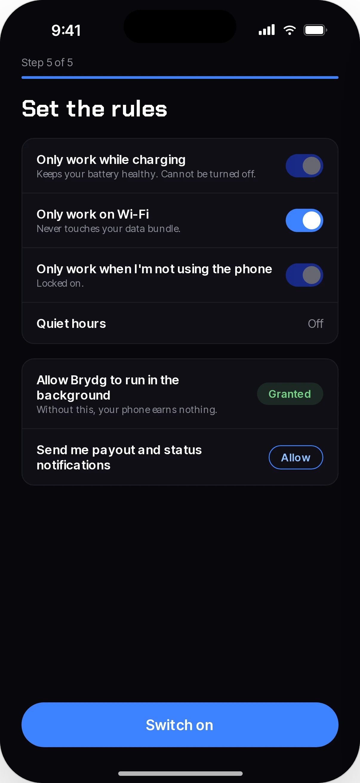 Provider app rules: only while charging, only on Wi-Fi, only when idle