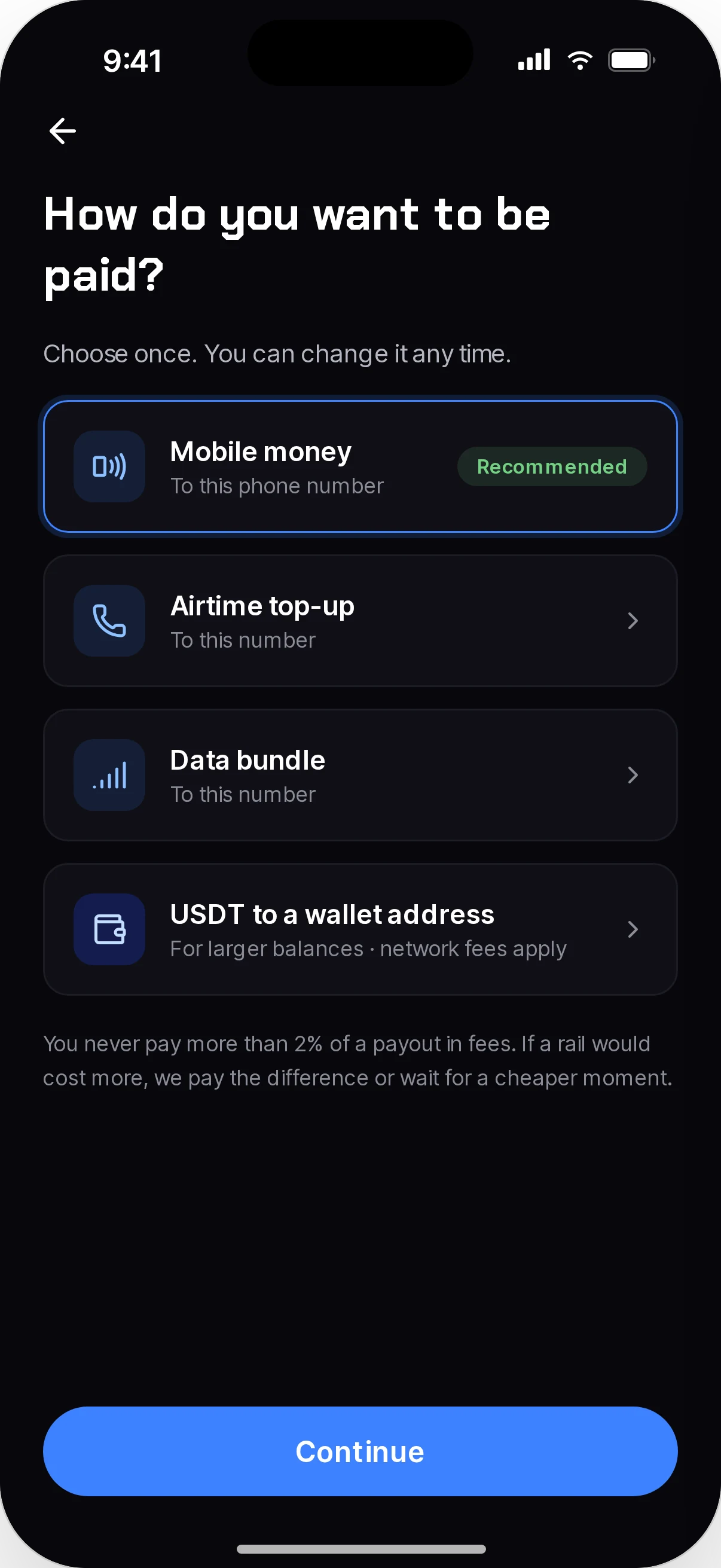 Provider app payout rails: mobile money, airtime, data bundle or USDT wallet