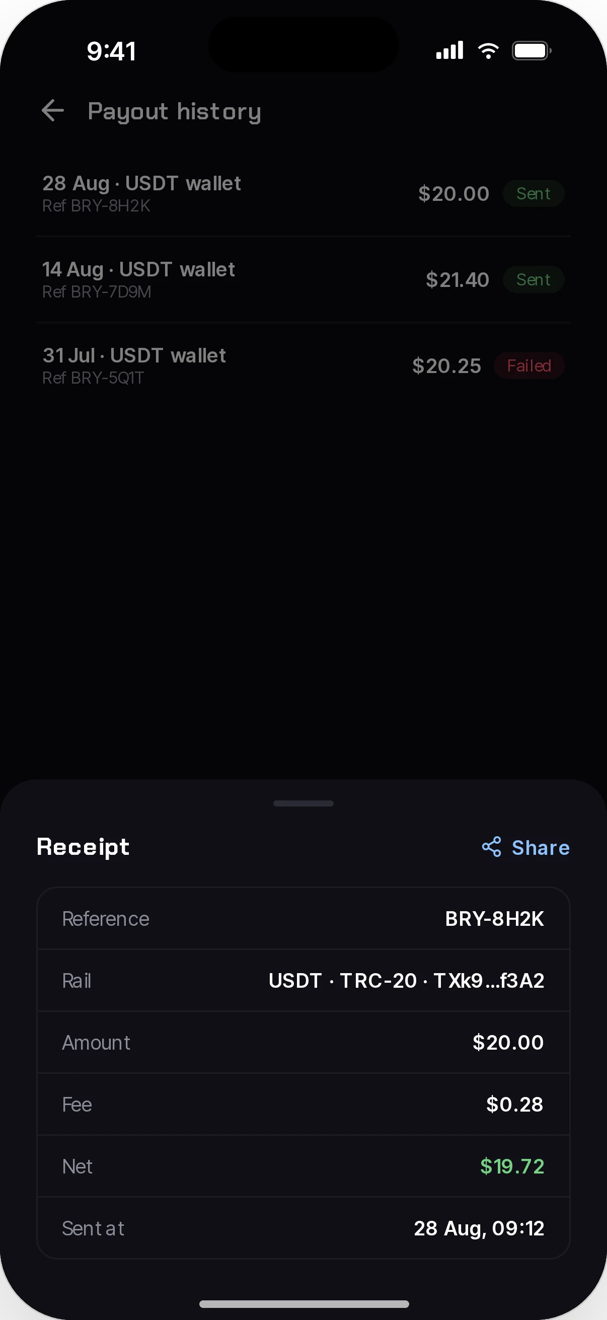 Provider app payout history and receipt: reference, rail, amount, fee, net, illustrative figures