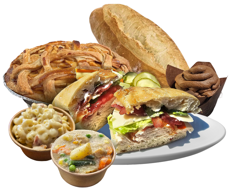 Assortment of prepared foods, including a sandwich, cupcake, bread, pie, macaroni and cheese, and soup.