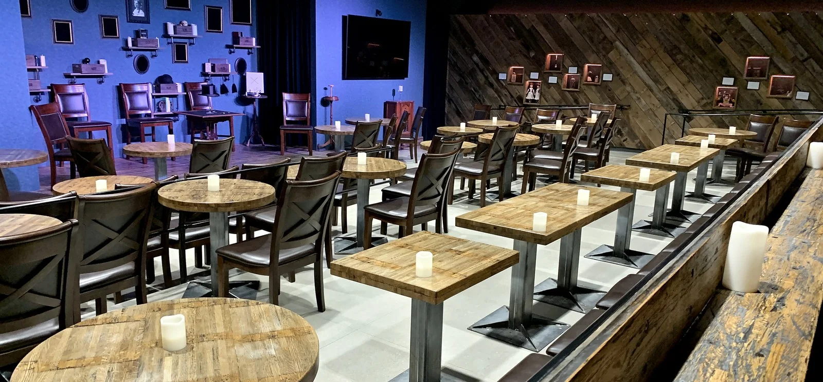 Restaurant tables made from reclaimed hardwood.