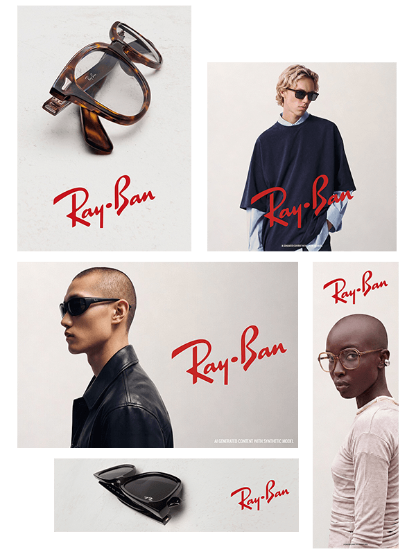 Collage of RayBan glasses and models wearing those glasses on a white background accompanied by the red Ray Ban logo.