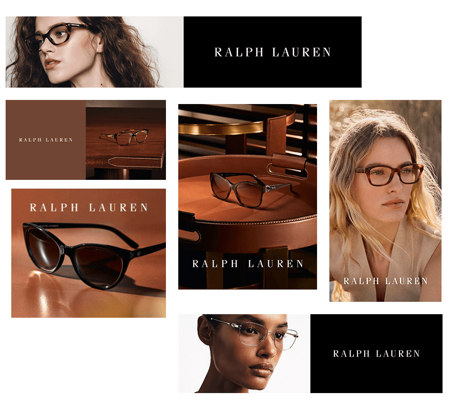 Collage of Raplh Lauren glasses and models wearing Ralph Lauren Glasses in front of wooden or darker backgrounds.