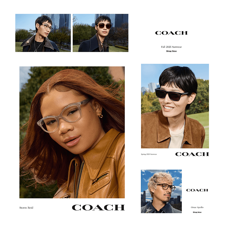 Collage featuring pictures of models wearing Coach glasses in a city park surrounded by thick white borders.