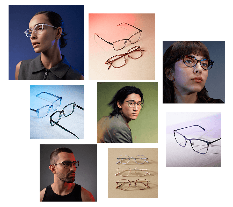 Collage of pictures featuring various headshots and glasses with dramatic lighting promoting  the eyewear brand Modo.