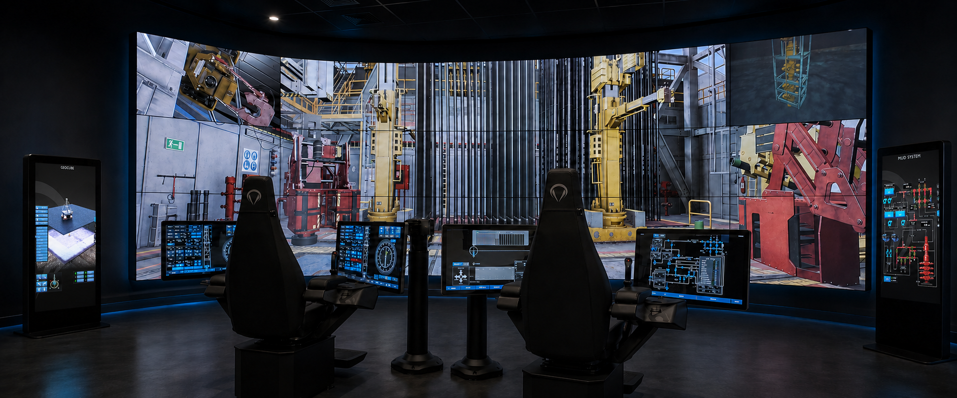 X1 drilling simulator with a panoramic rig environment and connected operator stations