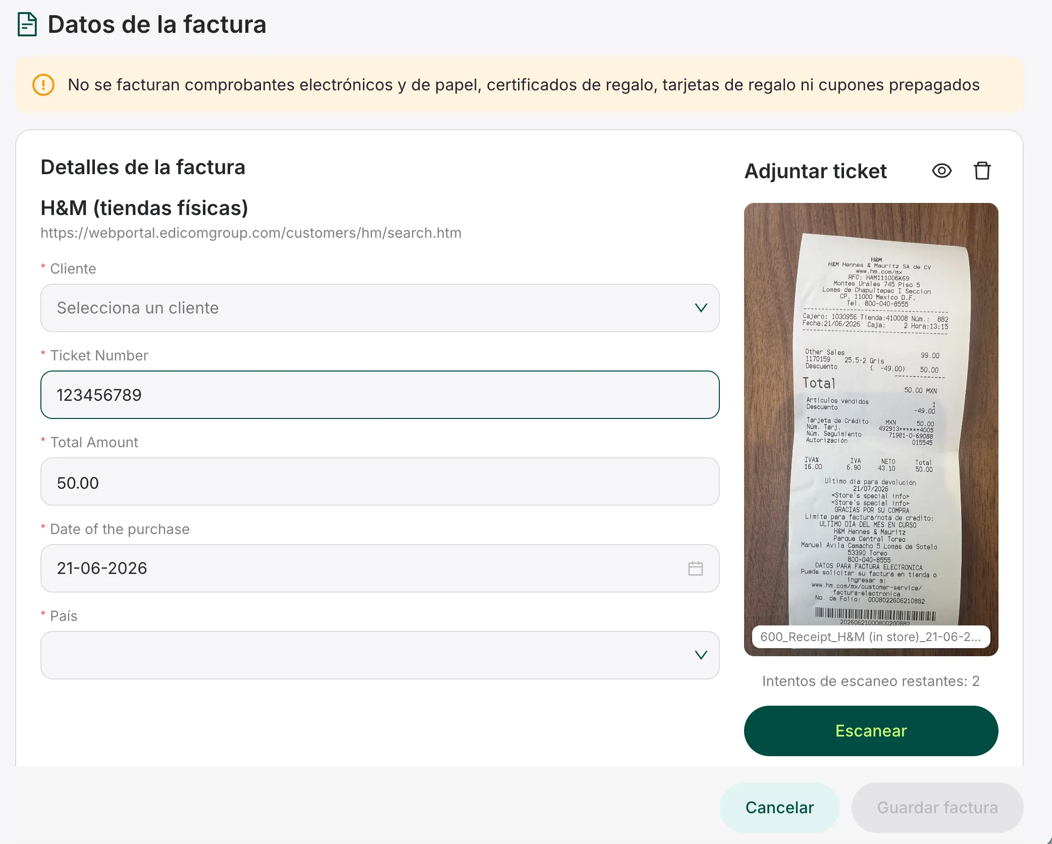 Captura de la plataforma web escaneando un ticket