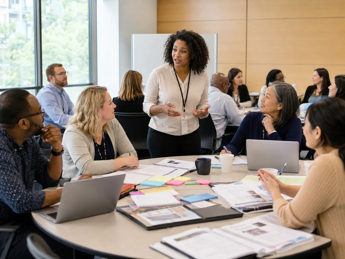 Teacher educators in conversation around a table during a professional learning session