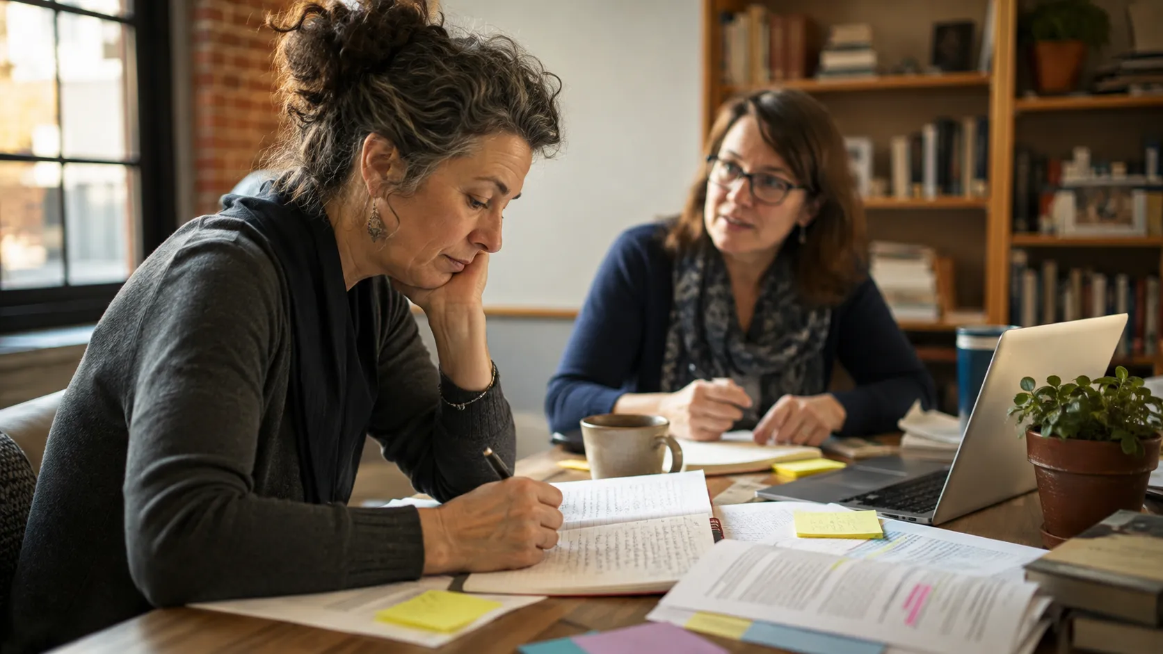 Two educators reading and annotating together