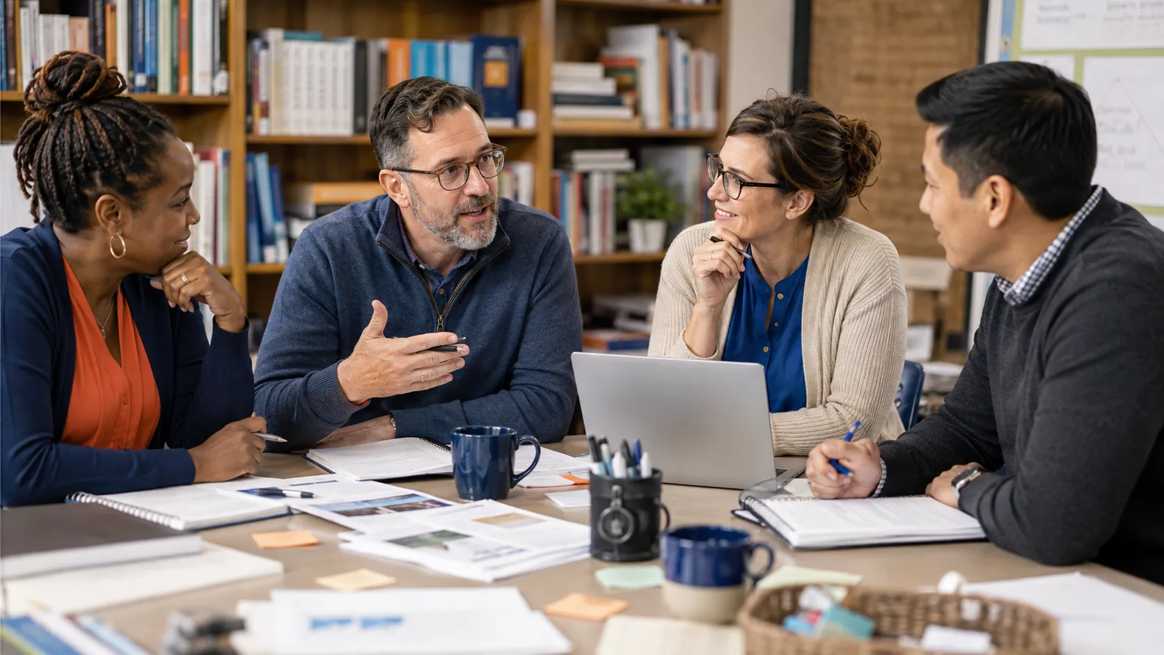 Educators in discussion among library bookshelves