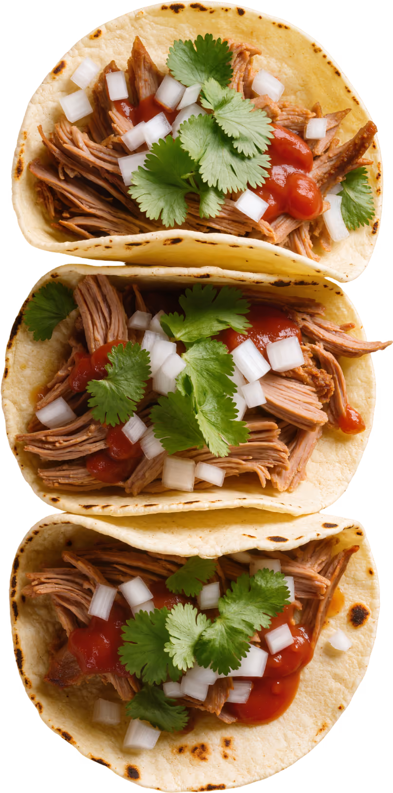 Three tacos filled with shredded meat, red salsa, chopped onion, and fresh cilantro leaves.