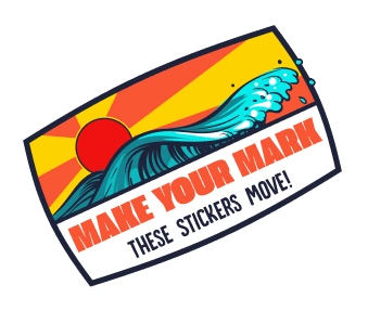 Sticker design showing a red sun with yellow and orange rays behind a blue stylized wave, with the text 'MAKE YOUR MARK' in bold orange and 'THESE STICKERS MOVE!' in black underneath.