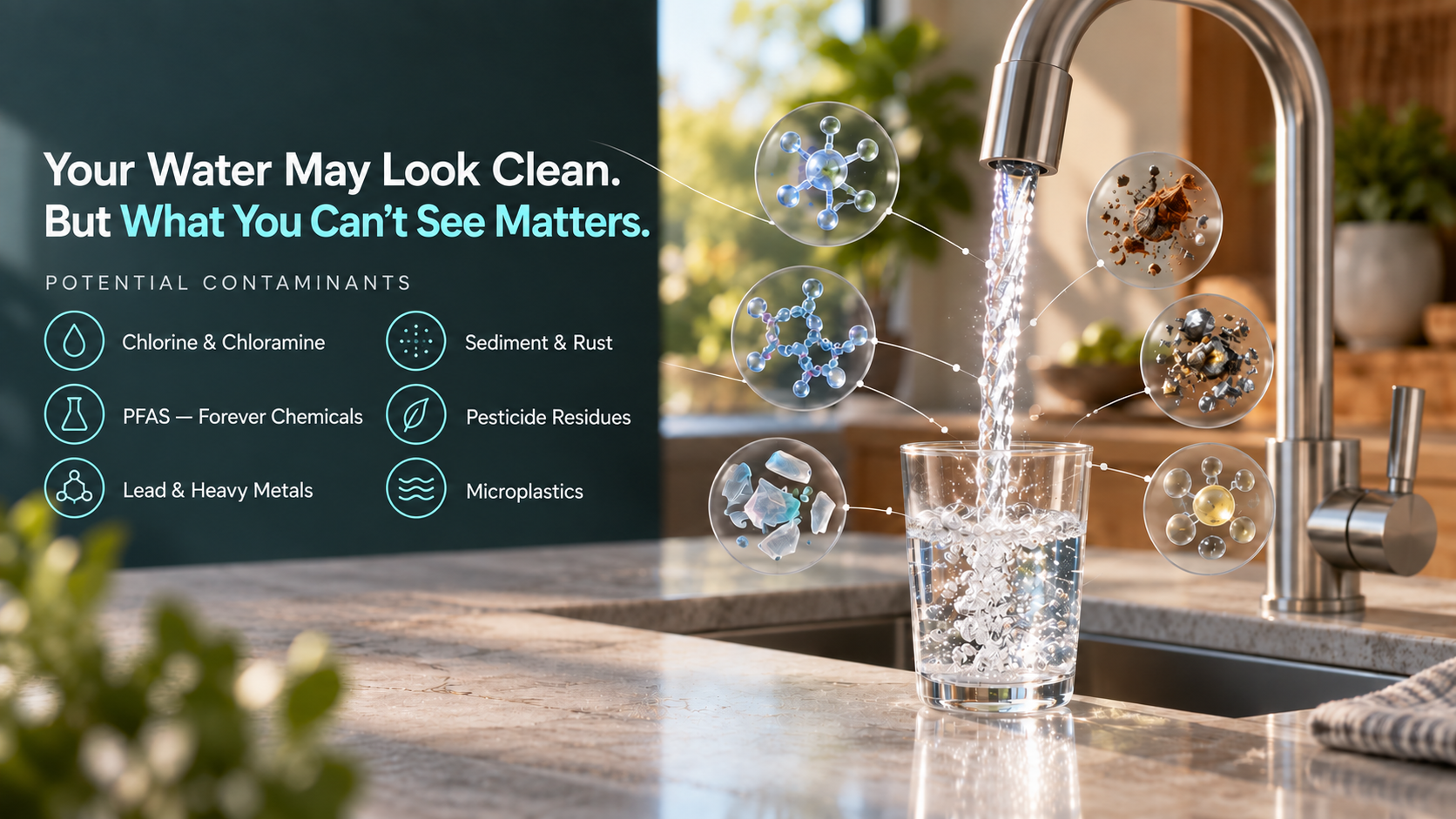 Faucet with common tap water contaminants illustrated