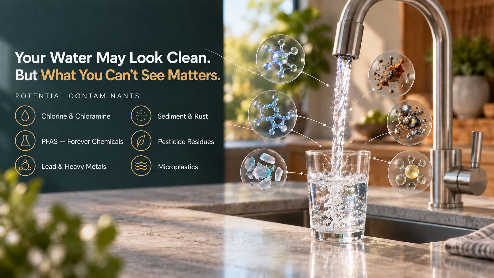 Faucet with common tap water contaminants illustrated