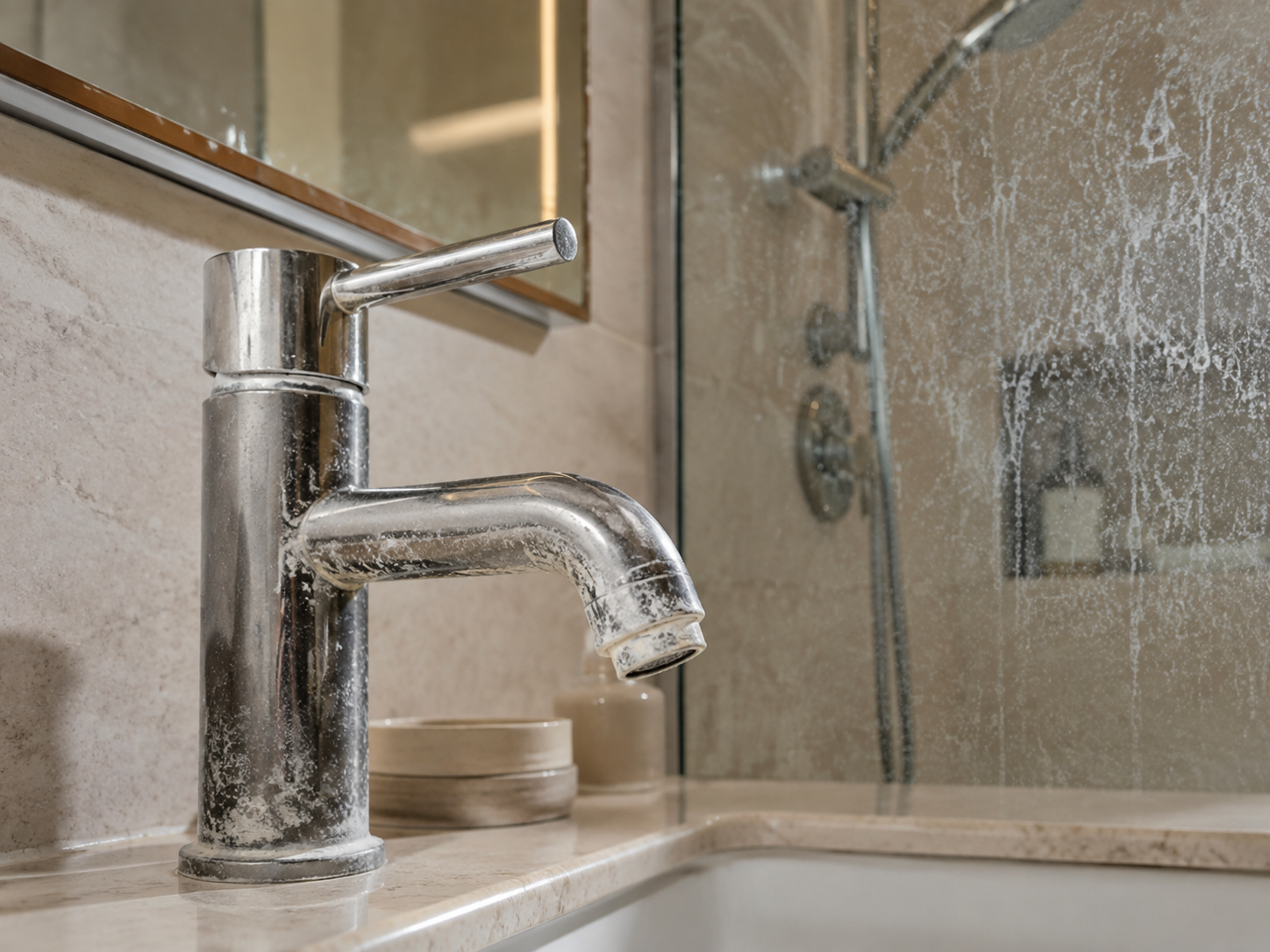 Chalky hard water residue on a faucet