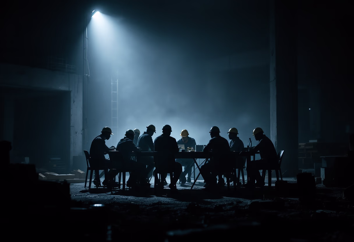 [background image] image of construction team meeting at night