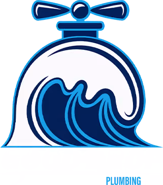 Graphic of a water tap with three stylized blue waves inside the circular base, representing water flow.