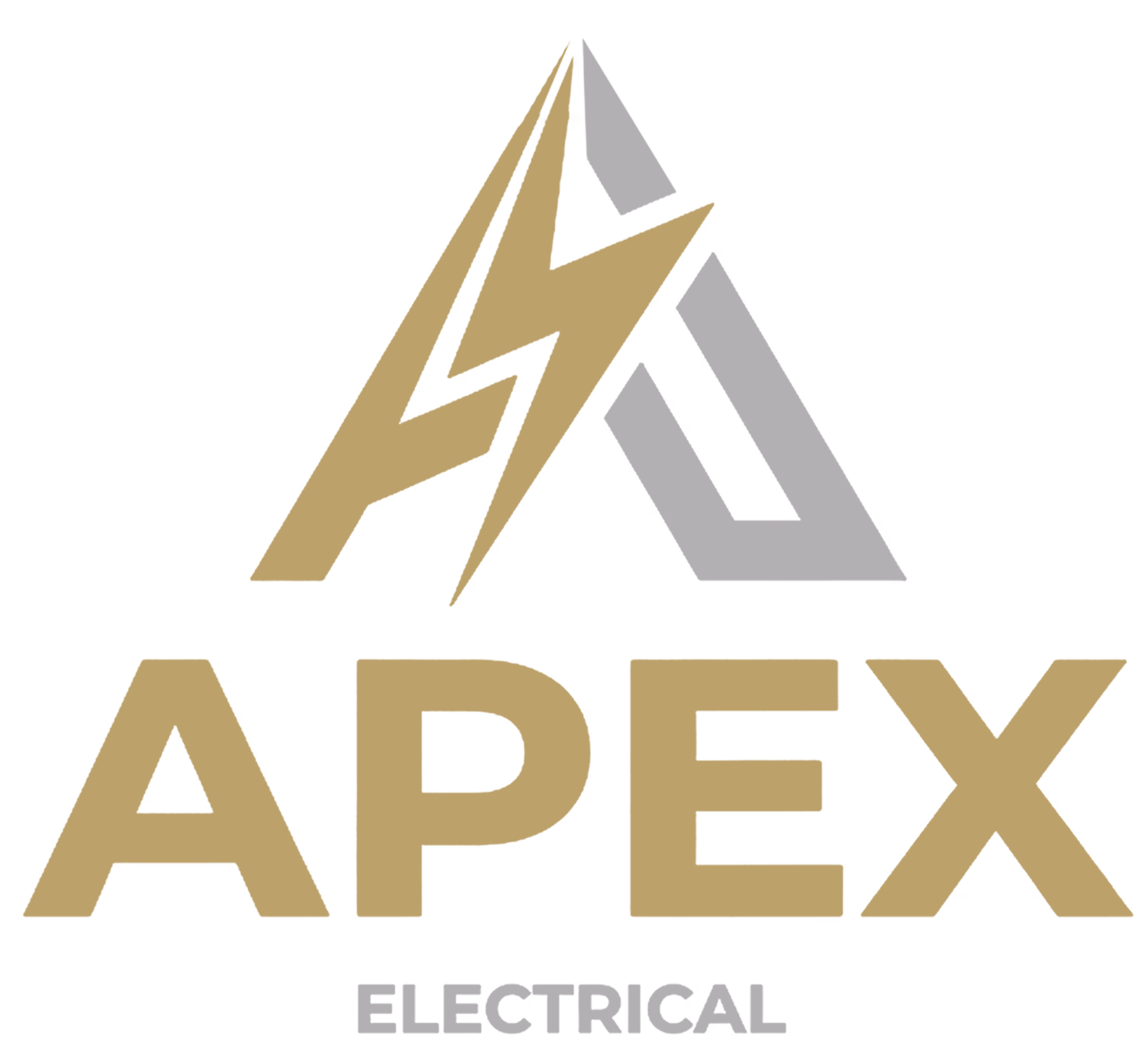 Logo with a stylized combination of a gold lightning bolt and gray geometric shapes forming an 'A' above the gold text 'APEX' and gray text 'ELECTRICAL' on a black background.