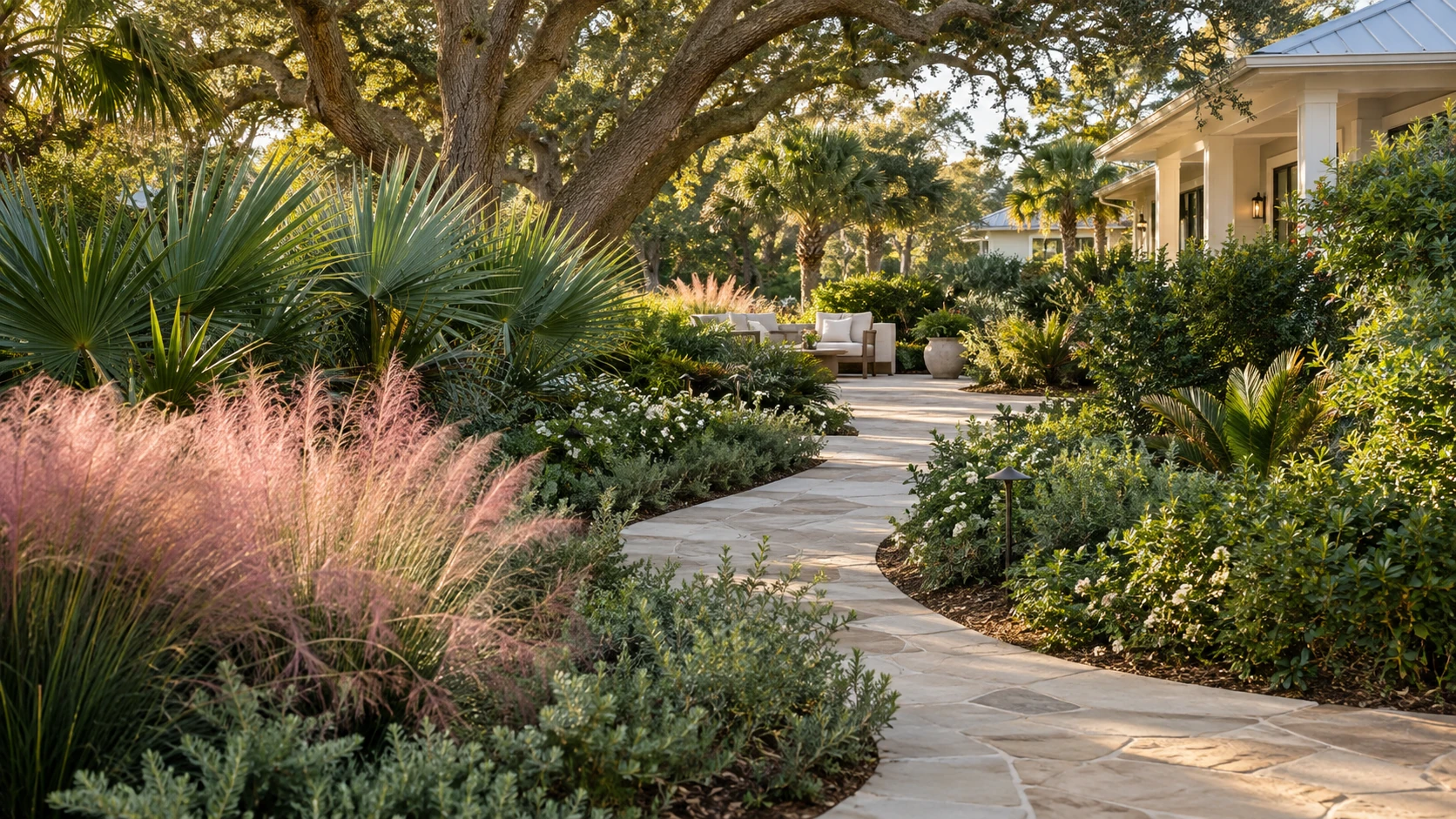 Illustrative Gulf Coast garden with layered planting, a generous stone path and a shaded seating area.