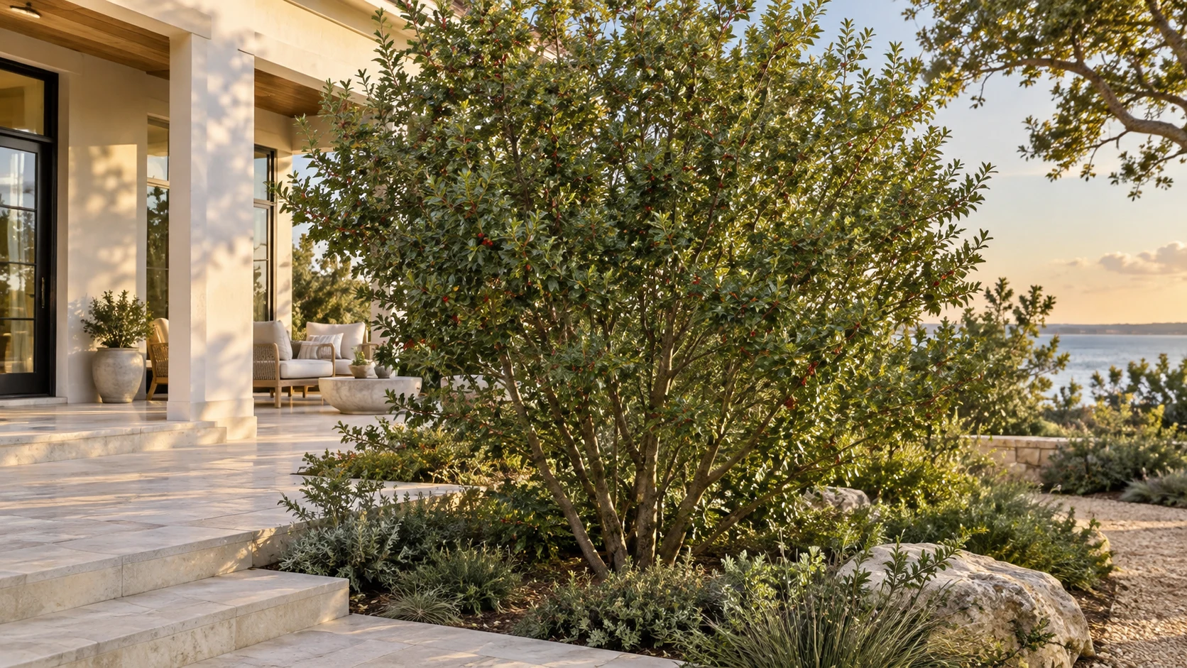 Illustrative planting concept with Pride of Houston Yaupon Holly