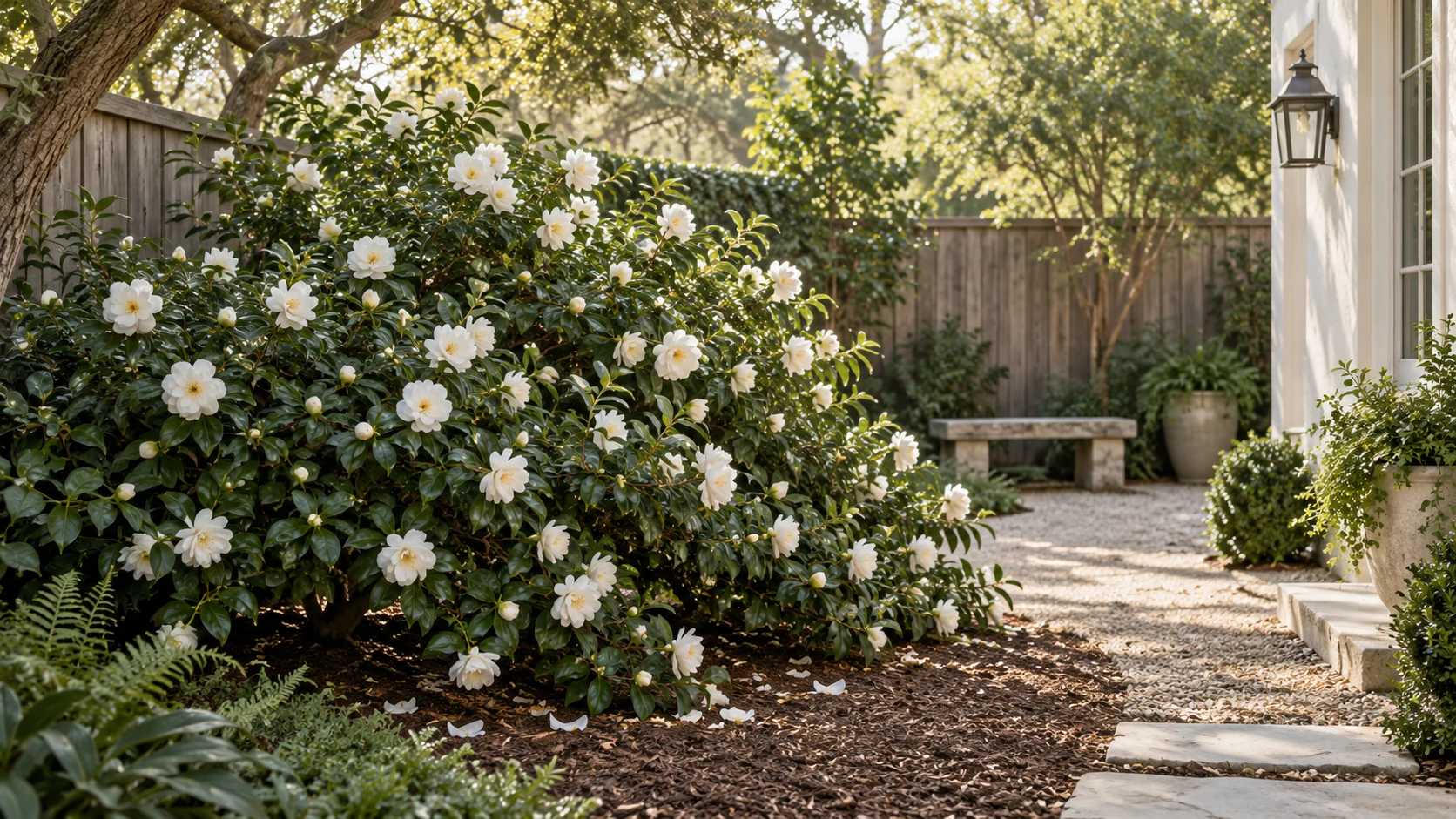 Illustrative planting concept with Mine-No-Yuki Camellia