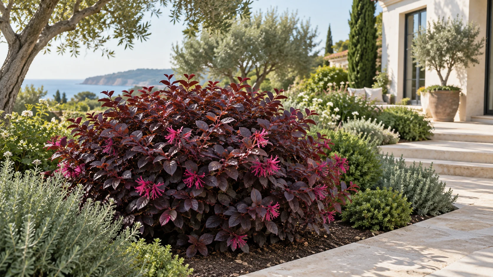 Illustrative planting concept with Jazz Hands Bold Loropetalum