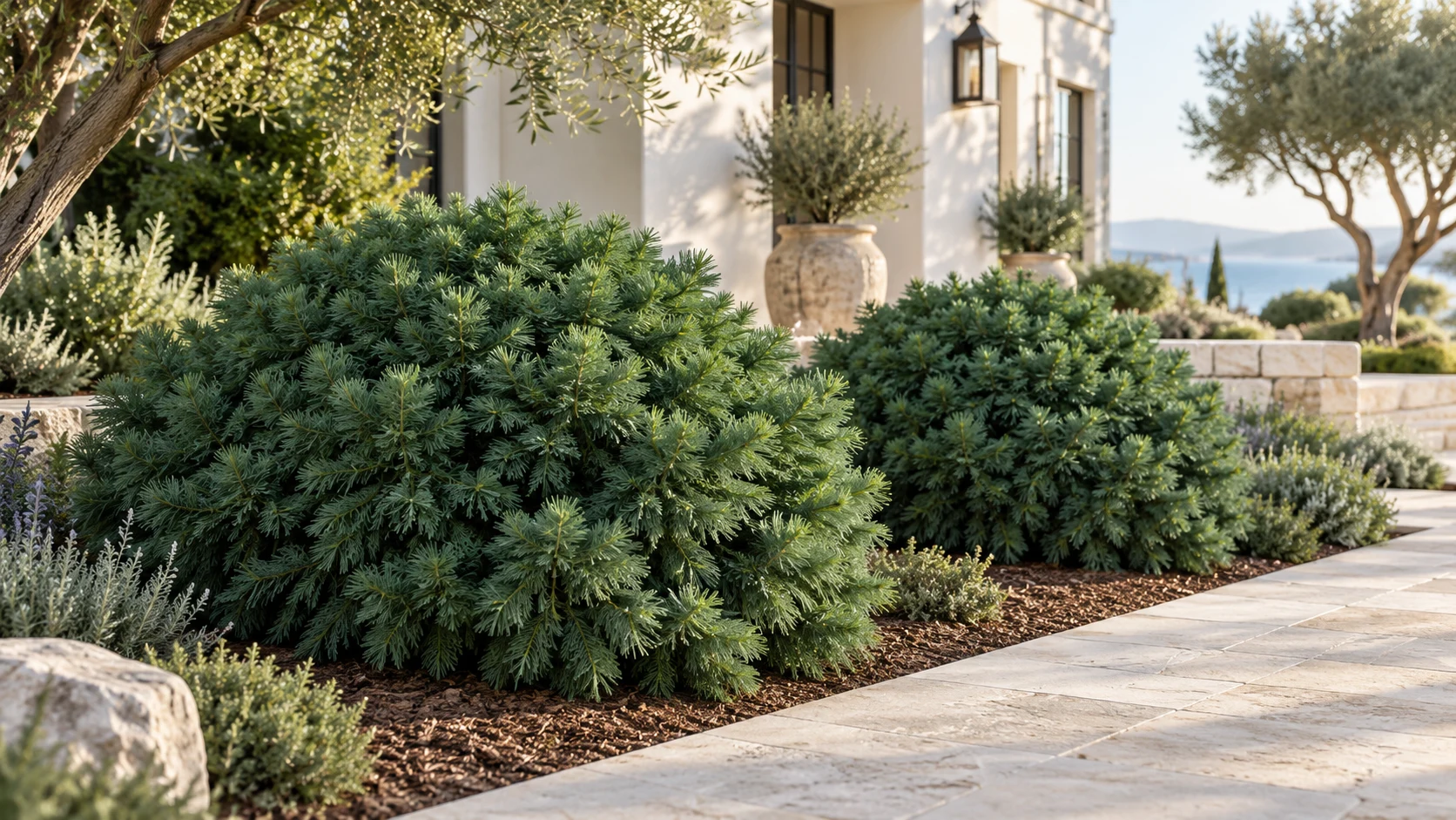 Illustrative planting concept with Globosa Nana Japanese Cedar