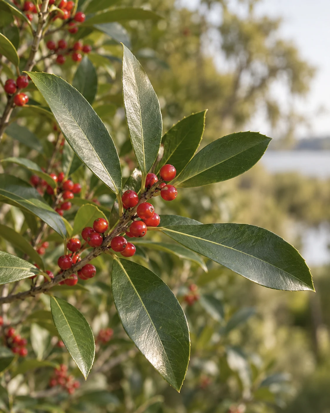 Illustrative foliage and seasonal detail of Dahoon Holly