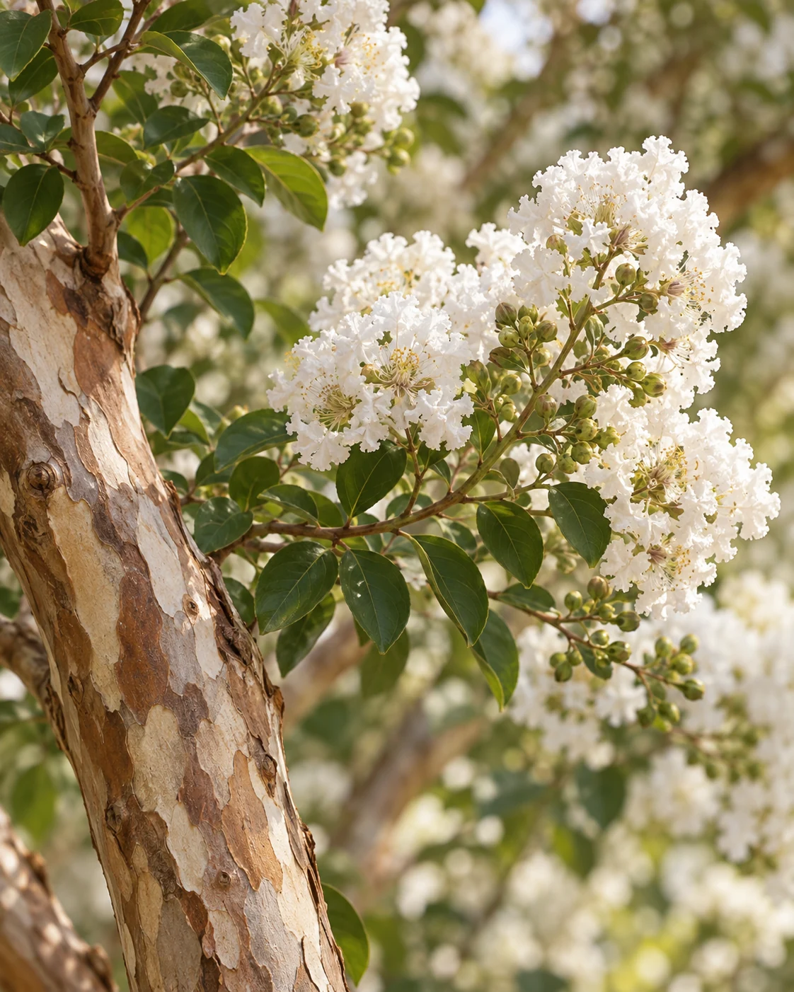 Illustrative foliage and seasonal detail of Natchez Crape Myrtle