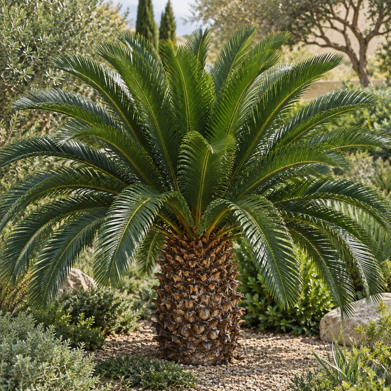 Illustrative foliage and seasonal detail of Sago Palm