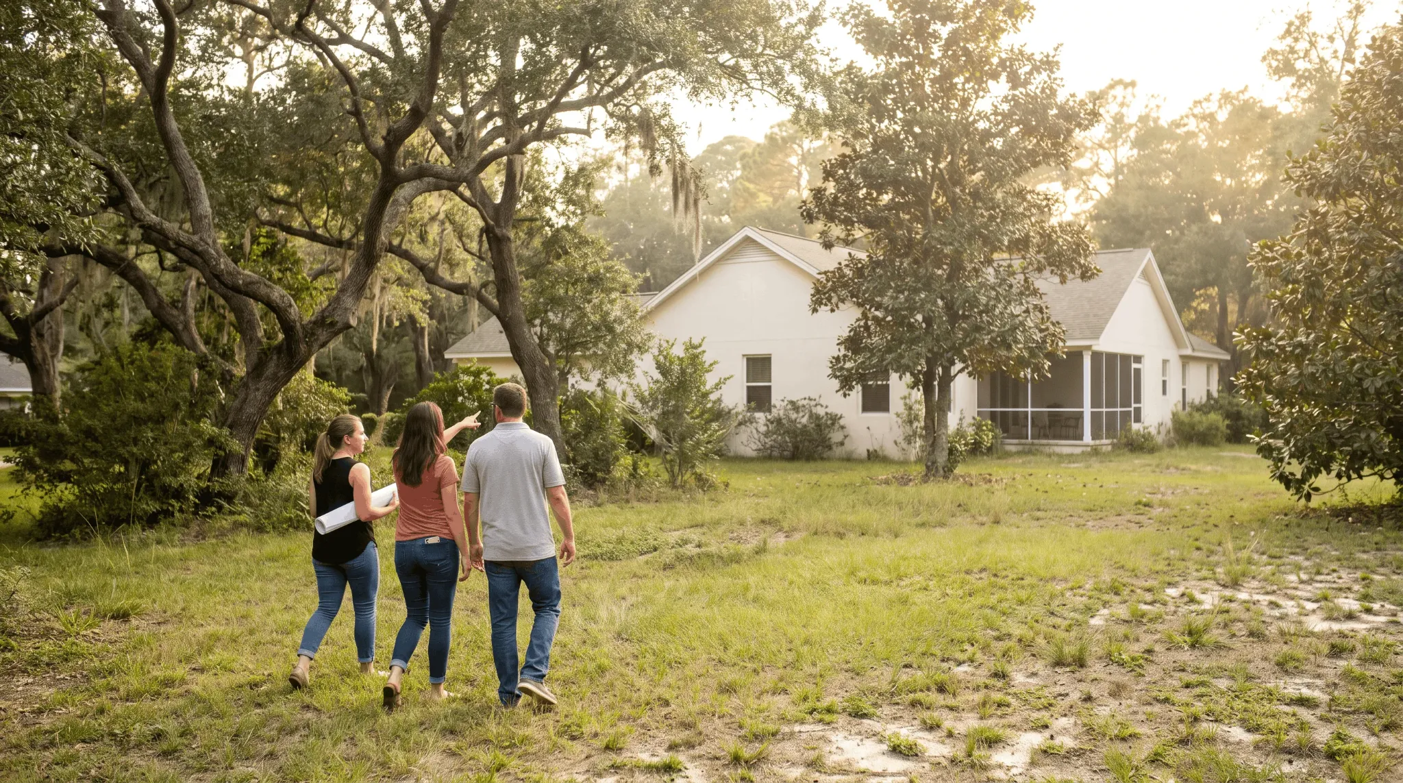 Illustrative property walk with homeowners beneath mature trees.