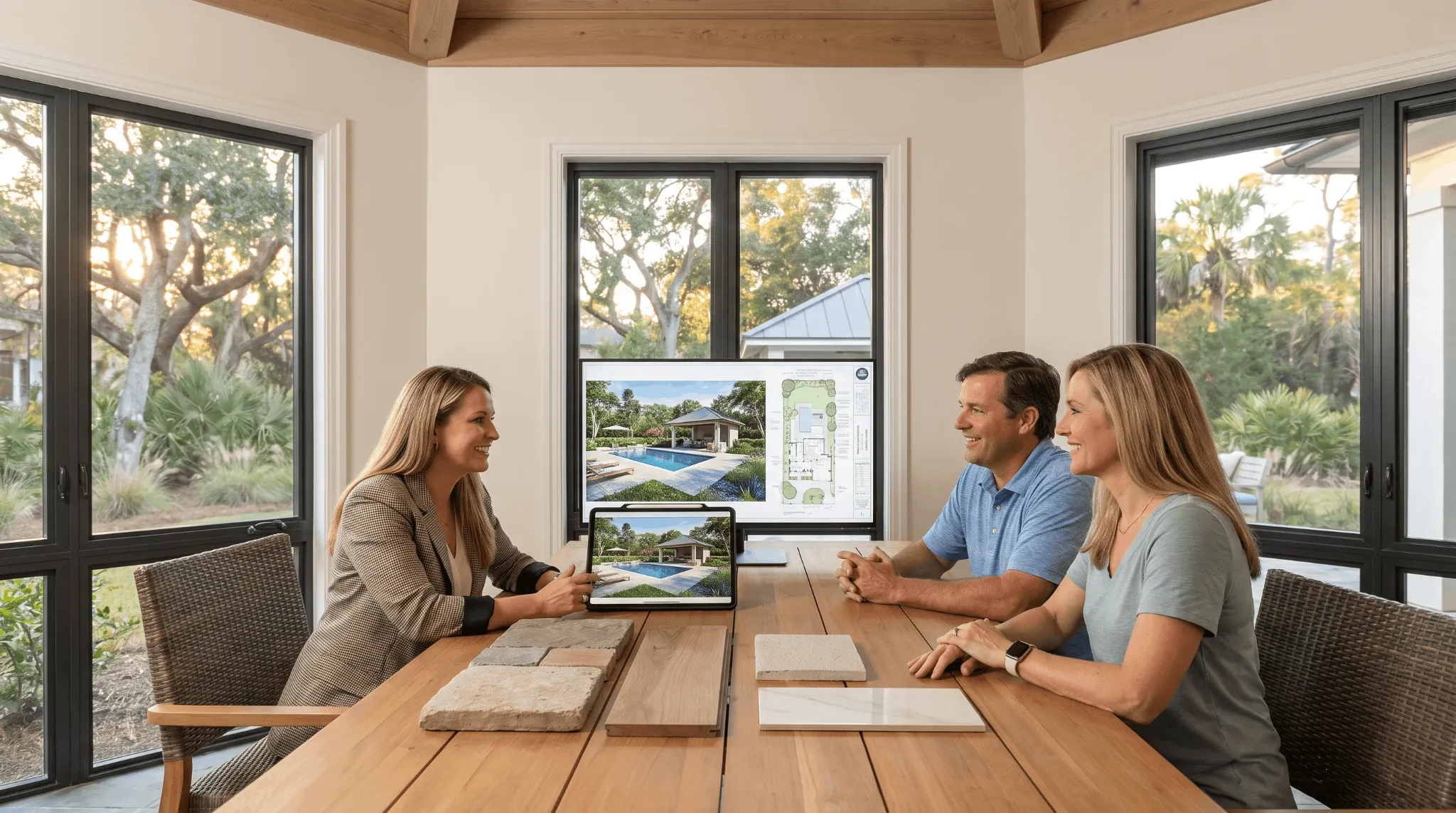 Illustrative homeowner consultation reviewing an outdoor living plan and design visualization.