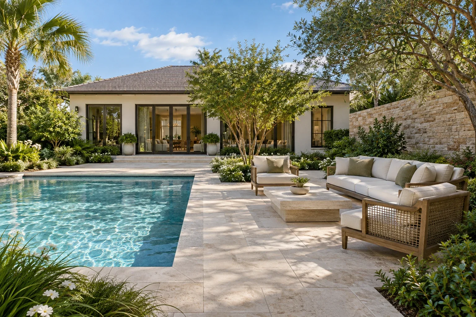 Illustrative backyard concept with warm limestone paving, teak and ivory furniture, layered planting and natural daylight.
