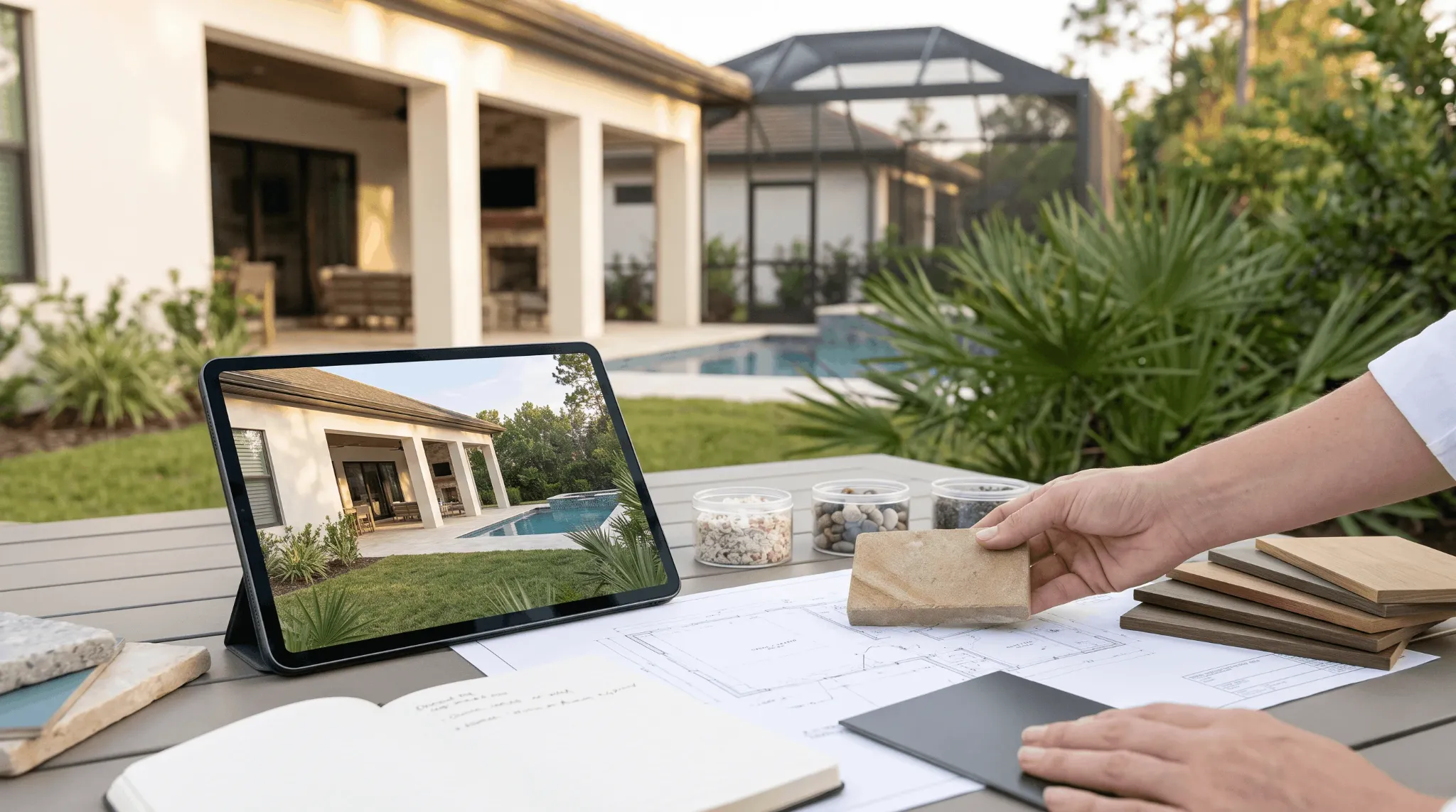Illustrative review of a backyard design with material samples.