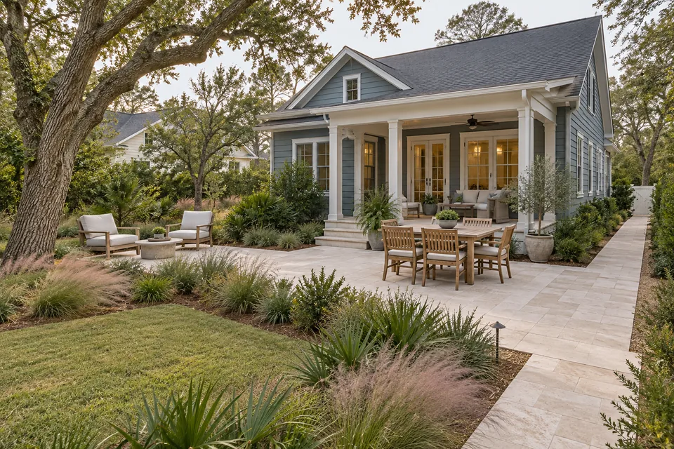 Illustrative coastal patio with dining and walking space.