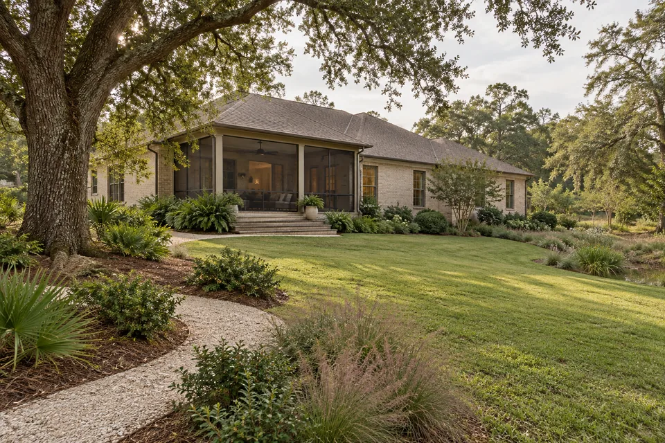 Illustrative coastal yard with a live oak and gentle grade.