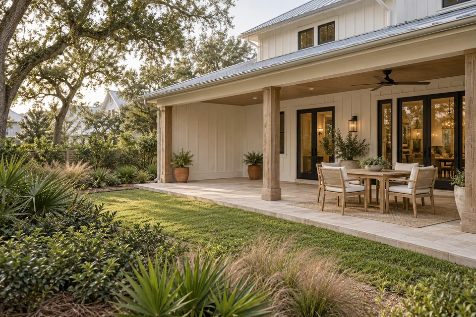 Illustrative coastal patio beside a future kitchen space.