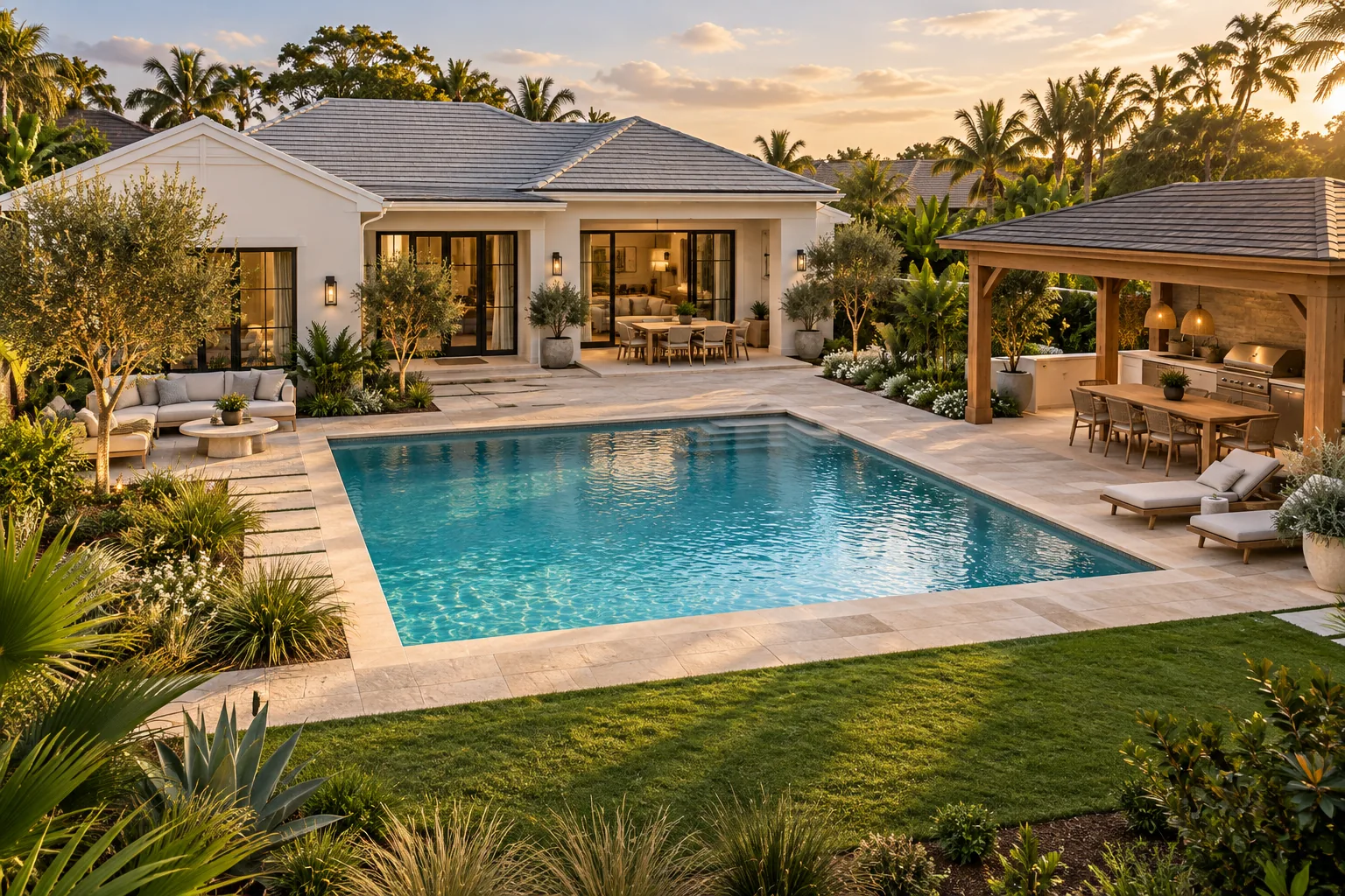 AI-generated illustrative backyard design with a central pool, lounge terrace, outdoor kitchen and dining pavilion, layered planting, and lawn.