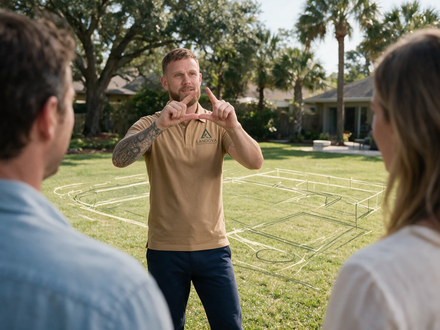 Jeremy helping homeowners imagine their backyard layout, with a rough architectural sketch over the real yard.