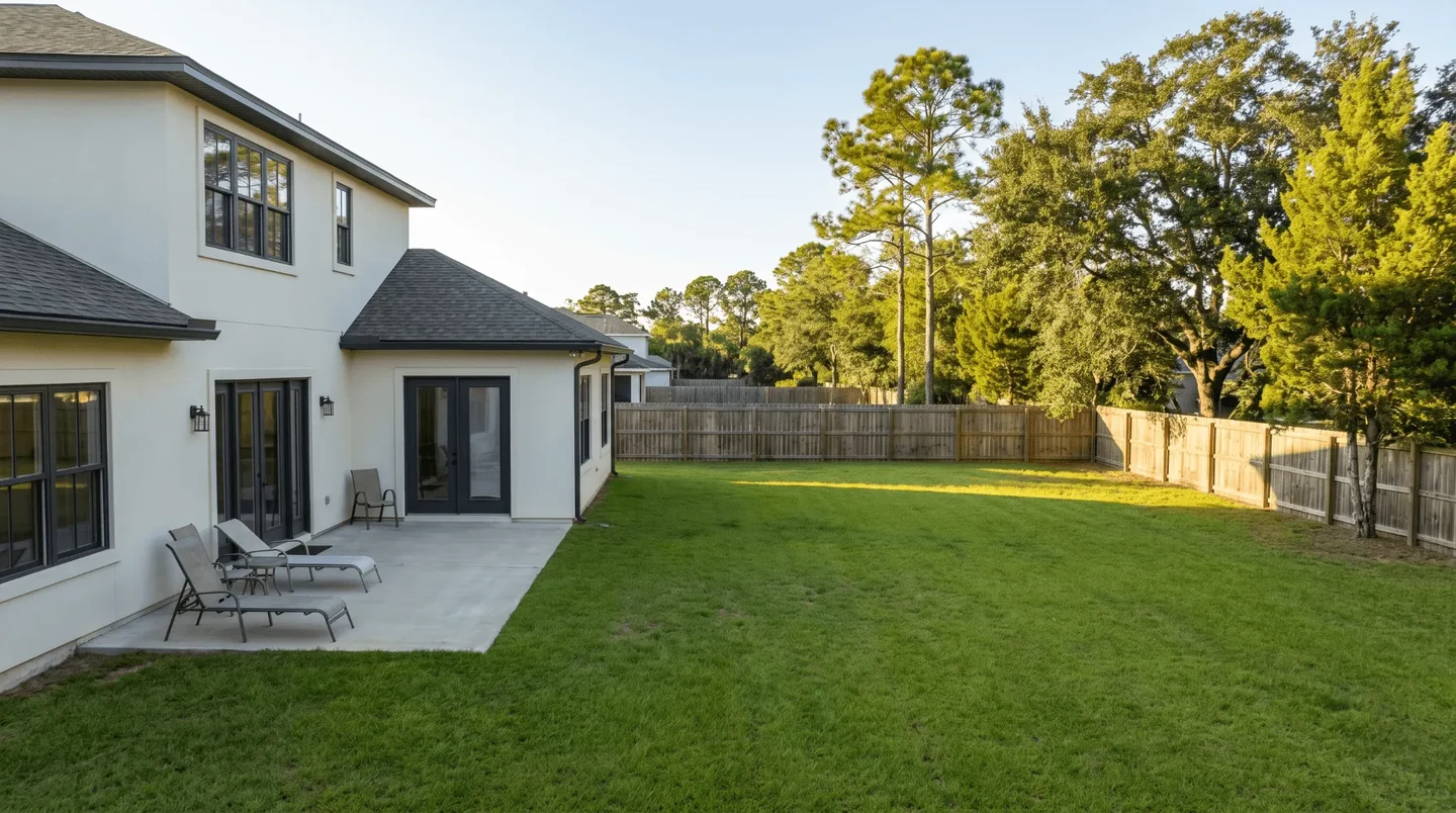 Illustrative existing backyard with the house, fence, and open lawn before proposed improvements.