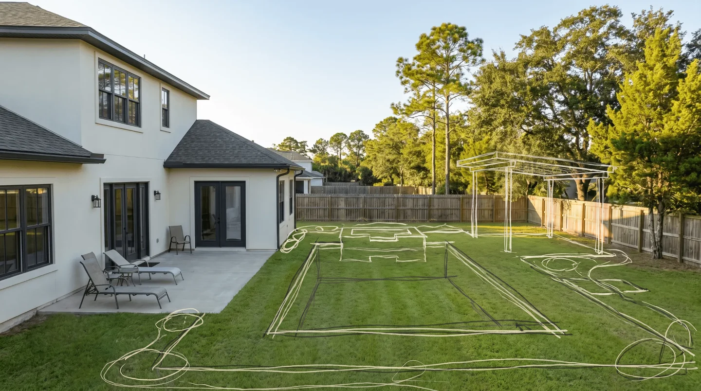 The same backyard and viewpoint with a rough hand-drawn layout overlaid on the existing property.