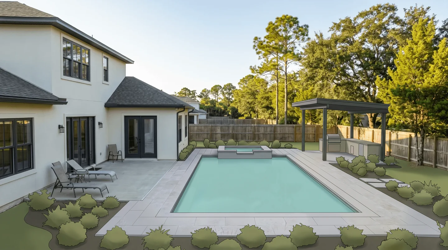The same property in 3D, showing the proposed pool and spa, covered kitchen, patio and walkways, and planting.